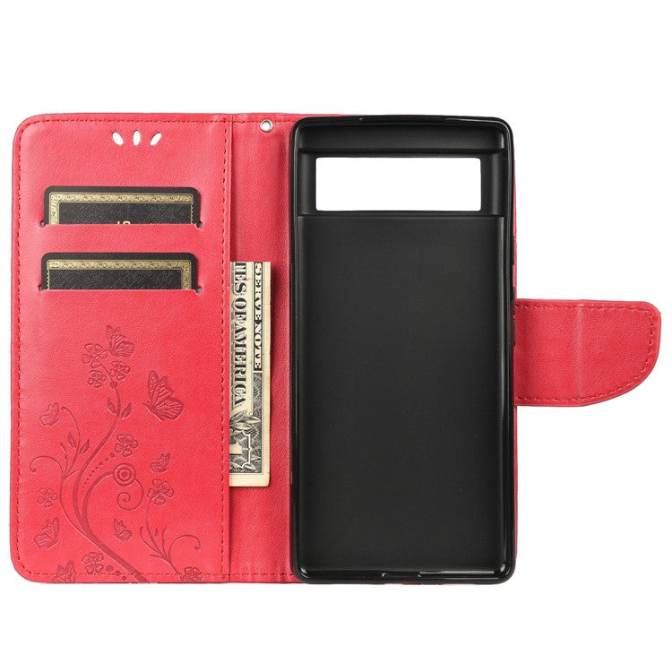 Imprint Butterflies Flower Wallet Stand Design Leather Phone Case Shell for Google Pixel 6 Pro - Red