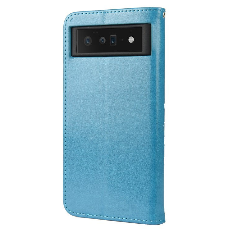 Imprint Butterflies Flower Wallet Stand Design Leather Phone Case Shell for Google Pixel 6 Pro - Blue
