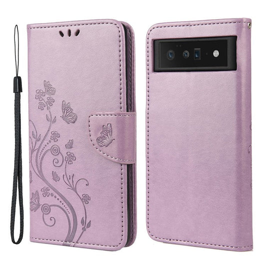 Imprint Butterflies Flower Wallet Stand Design Leather Phone Case Shell for Google Pixel 6 Pro - Light Purple