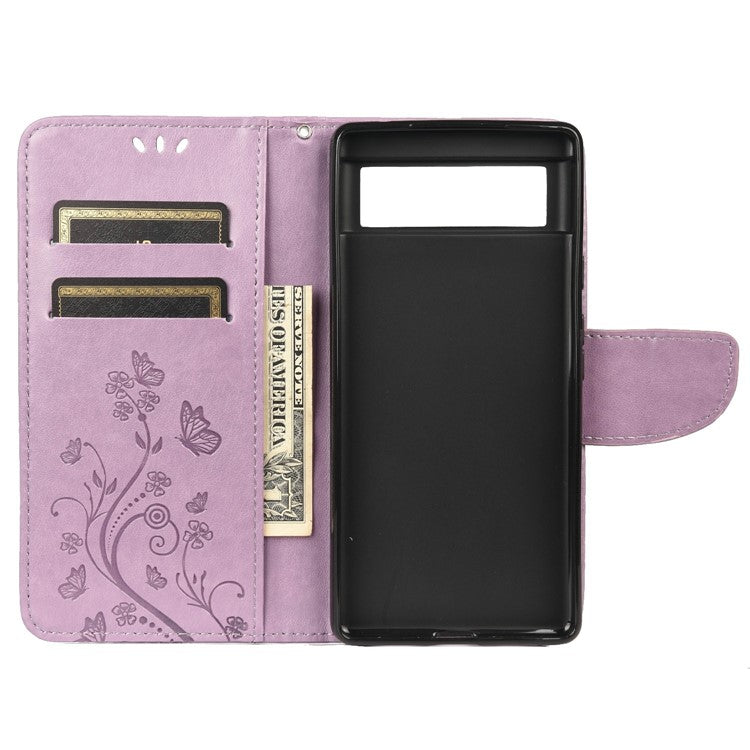 Imprint Butterflies Flower Wallet Stand Design Leather Phone Case Shell for Google Pixel 6 Pro - Light Purple
