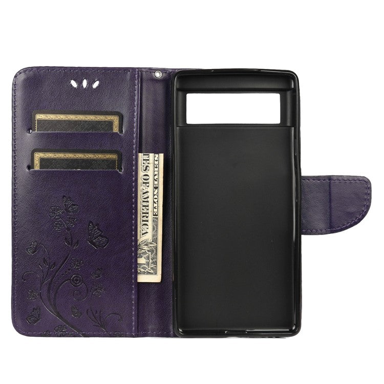 Imprint Butterflies Flower Wallet Stand Design Leather Phone Case Shell for Google Pixel 6 Pro - Purple