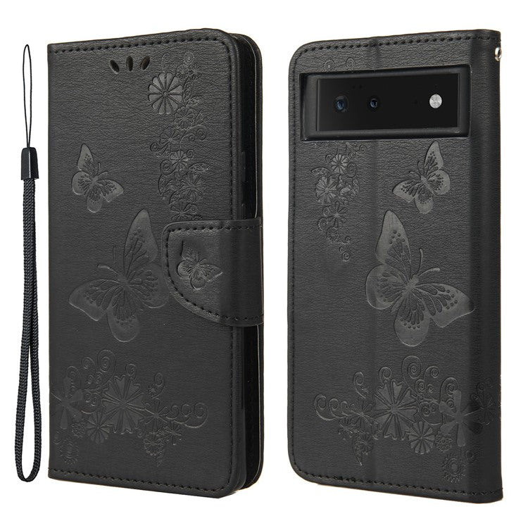 Imprinted Butterflies Flower Shockproof Leather Phone Case Shell with Wallet Stand for Google Pixel 6 - Black