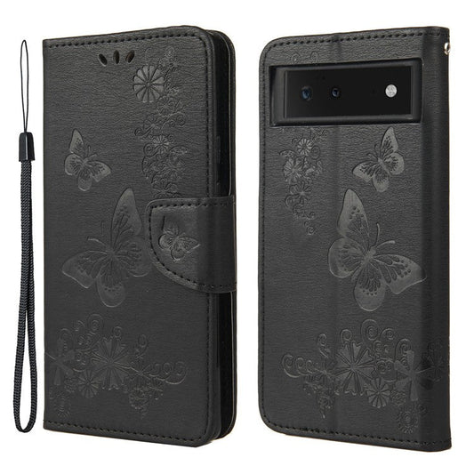 Imprinted Butterflies Flower Shockproof Leather Phone Case Shell with Wallet Stand for Google Pixel 6 - Black