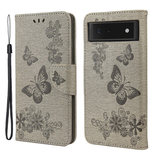 Imprinted Butterflies Flower Shockproof Leather Phone Case Shell with Wallet Stand for Google Pixel 6 - Grey