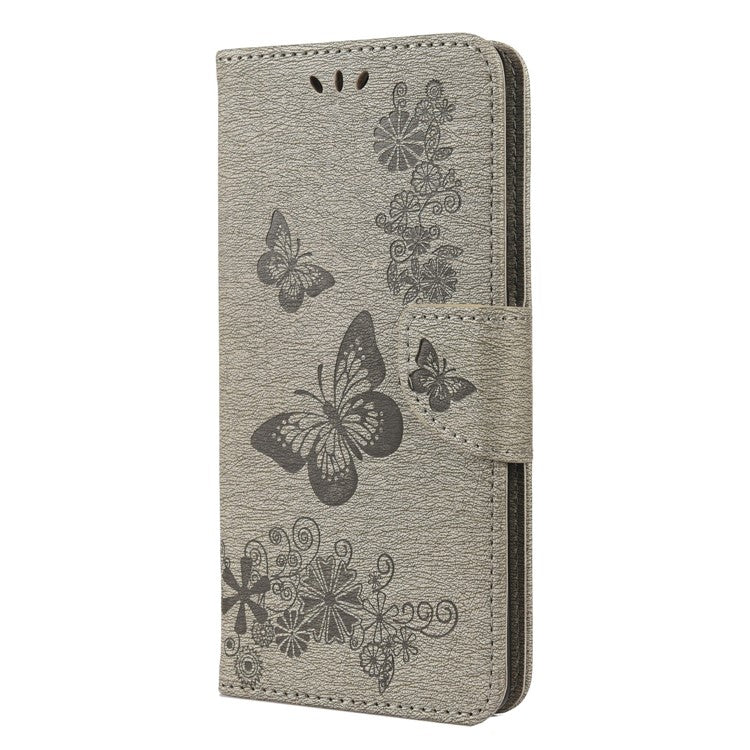 Imprinted Butterflies Flower Shockproof Leather Phone Case Shell with Wallet Stand for Google Pixel 6 - Grey