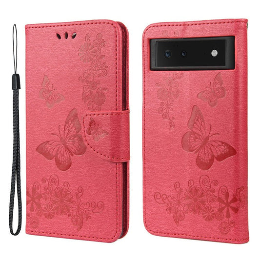 Imprinted Butterflies Flower Shockproof Leather Phone Case Shell with Wallet Stand for Google Pixel 6 - Red