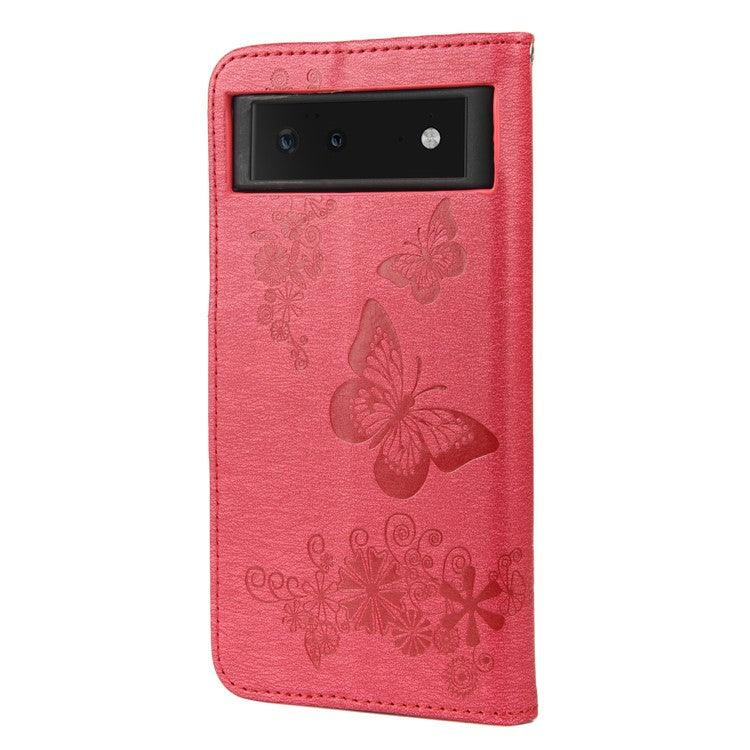 Imprinted Butterflies Flower Shockproof Leather Phone Case Shell with Wallet Stand for Google Pixel 6 - Red