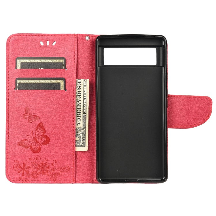 Imprinted Butterflies Flower Shockproof Leather Phone Case Shell with Wallet Stand for Google Pixel 6 - Red
