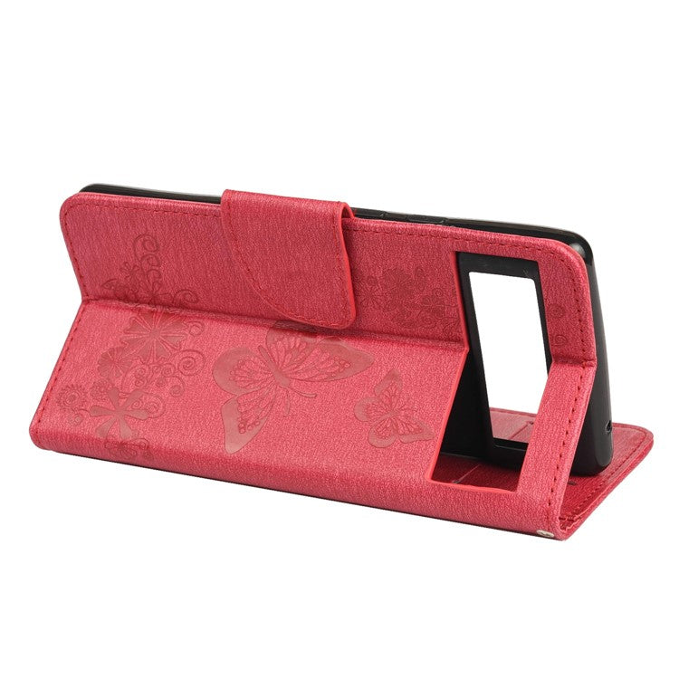 Imprinted Butterflies Flower Shockproof Leather Phone Case Shell with Wallet Stand for Google Pixel 6 - Red