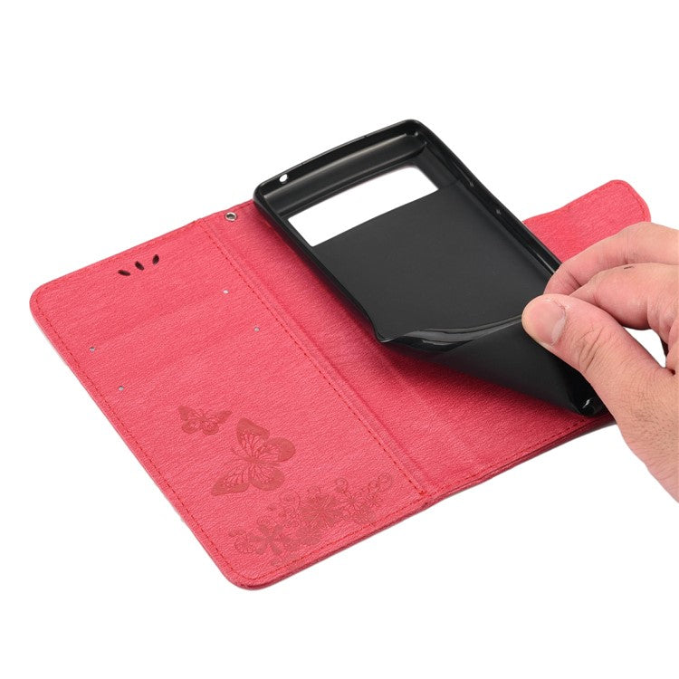 Imprinted Butterflies Flower Shockproof Leather Phone Case Shell with Wallet Stand for Google Pixel 6 - Red