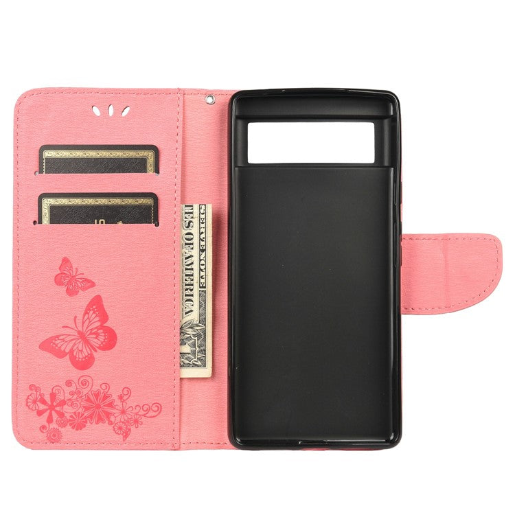 Imprinted Butterflies Flower Shockproof Leather Phone Case Shell with Wallet Stand for Google Pixel 6 - Pink