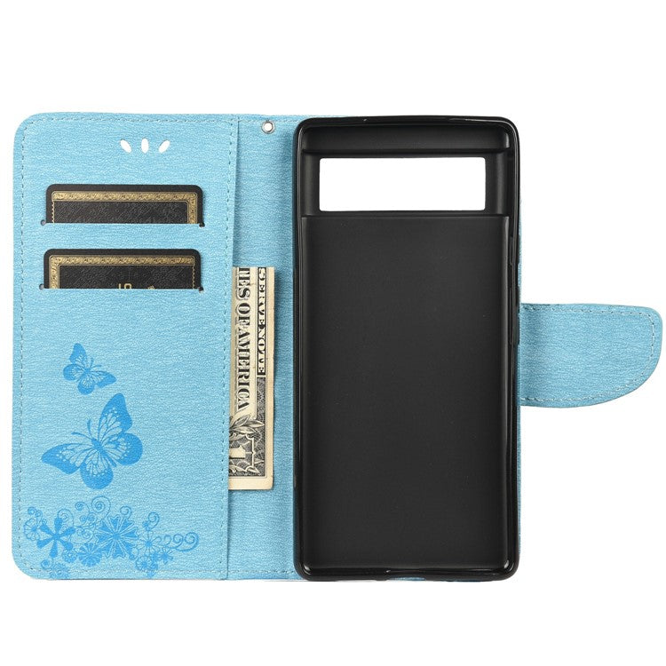 Imprinted Butterflies Flower Shockproof Leather Phone Case Shell with Wallet Stand for Google Pixel 6 - Blue