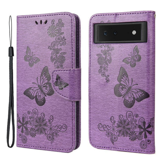 Imprinted Butterflies Flower Shockproof Leather Phone Case Shell with Wallet Stand for Google Pixel 6 - Purple
