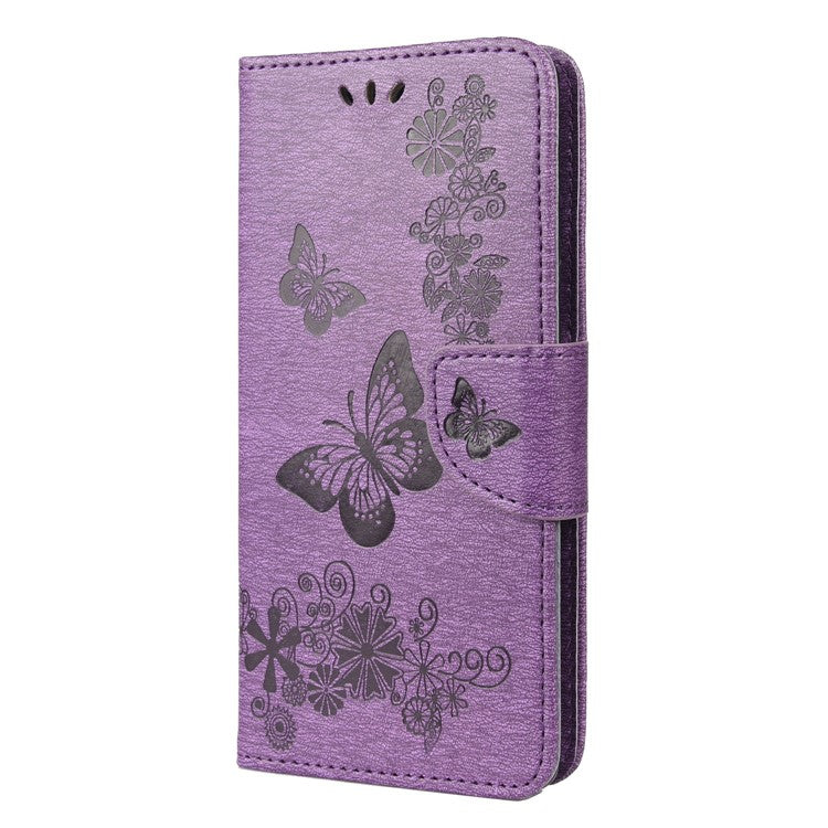 Imprinted Butterflies Flower Shockproof Leather Phone Case Shell with Wallet Stand for Google Pixel 6 - Purple