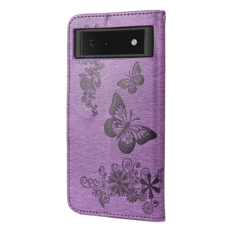 Imprinted Butterflies Flower Shockproof Leather Phone Case Shell with Wallet Stand for Google Pixel 6 - Purple