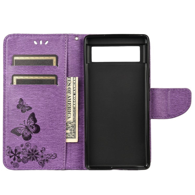 Imprinted Butterflies Flower Shockproof Leather Phone Case Shell with Wallet Stand for Google Pixel 6 - Purple