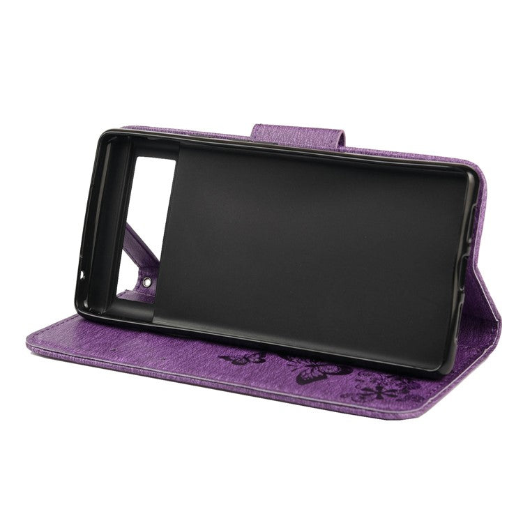 Imprinted Butterflies Flower Shockproof Leather Phone Case Shell with Wallet Stand for Google Pixel 6 - Purple