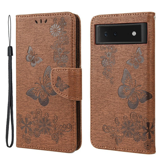Imprinted Butterflies Flower Shockproof Leather Phone Case Shell with Wallet Stand for Google Pixel 6 - Brown