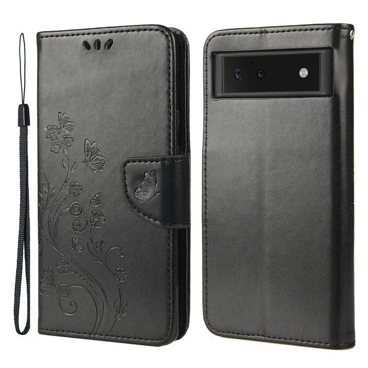 Full Protection Imprint Butterflies Flower Pattern Leather Phone Stand Wallet Case Cover for Google Pixel 6 - Black