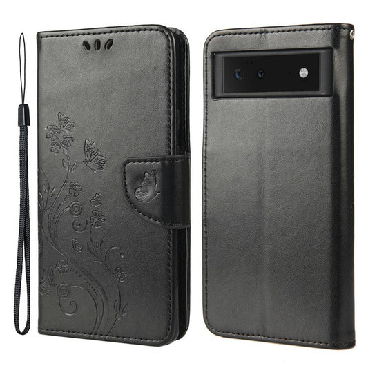 Full Protection Imprint Butterflies Flower Pattern Leather Phone Stand Wallet Case Cover for Google Pixel 6 - Black