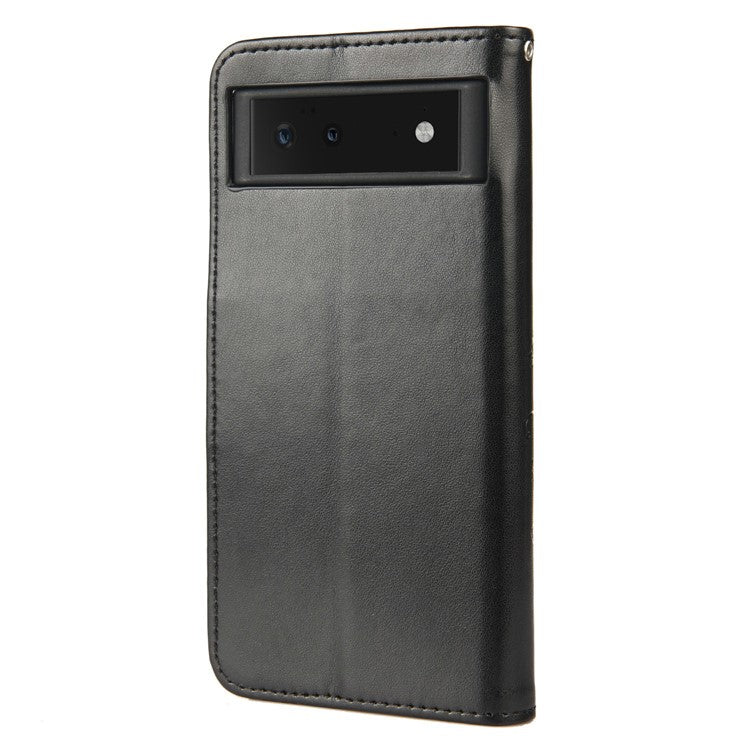Full Protection Imprint Butterflies Flower Pattern Leather Phone Stand Wallet Case Cover for Google Pixel 6 - Black
