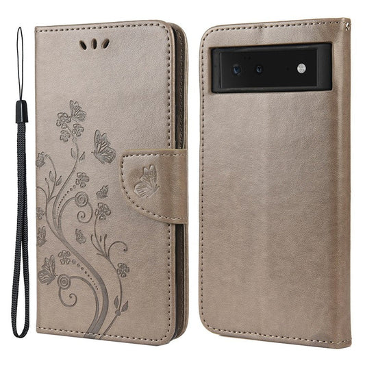 Full Protection Imprint Butterflies Flower Pattern Leather Phone Stand Wallet Case Cover for Google Pixel 6 - Grey