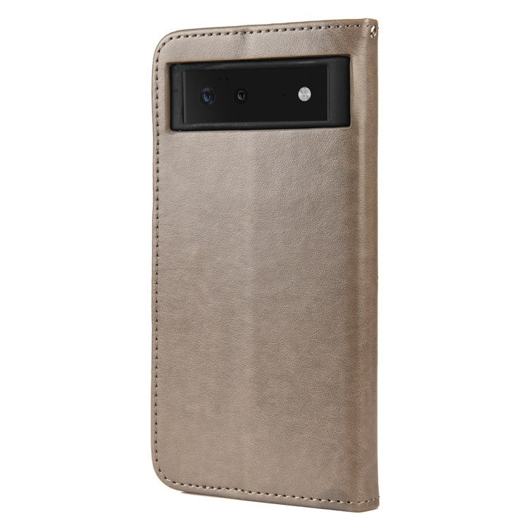 Full Protection Imprint Butterflies Flower Pattern Leather Phone Stand Wallet Case Cover for Google Pixel 6 - Grey