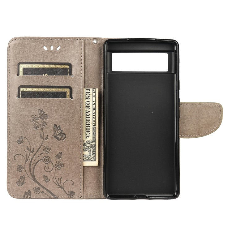 Full Protection Imprint Butterflies Flower Pattern Leather Phone Stand Wallet Case Cover for Google Pixel 6 - Grey