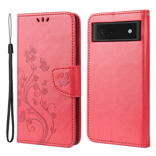Full Protection Imprint Butterflies Flower Pattern Leather Phone Stand Wallet Case Cover for Google Pixel 6 - Red
