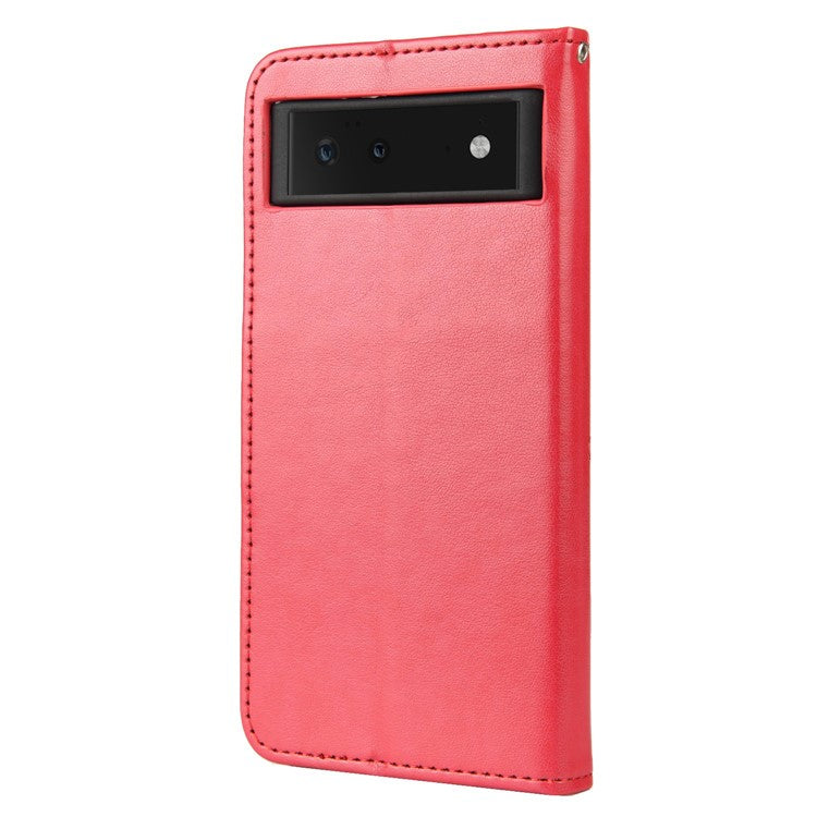 Full Protection Imprint Butterflies Flower Pattern Leather Phone Stand Wallet Case Cover for Google Pixel 6 - Red