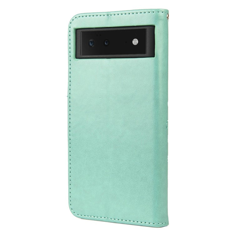 Full Protection Imprint Butterflies Flower Pattern Leather Phone Stand Wallet Case Cover for Google Pixel 6 - Green