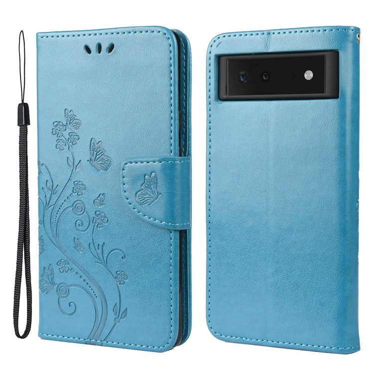 Full Protection Imprint Butterflies Flower Pattern Leather Phone Stand Wallet Case Cover for Google Pixel 6 - Blue