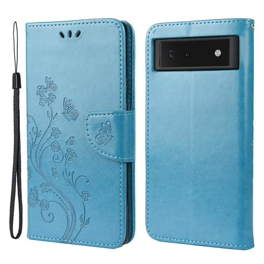 Full Protection Imprint Butterflies Flower Pattern Leather Phone Stand Wallet Case Cover for Google Pixel 6 - Blue