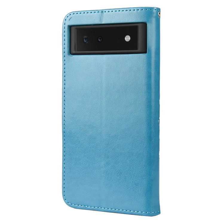 Full Protection Imprint Butterflies Flower Pattern Leather Phone Stand Wallet Case Cover for Google Pixel 6 - Blue