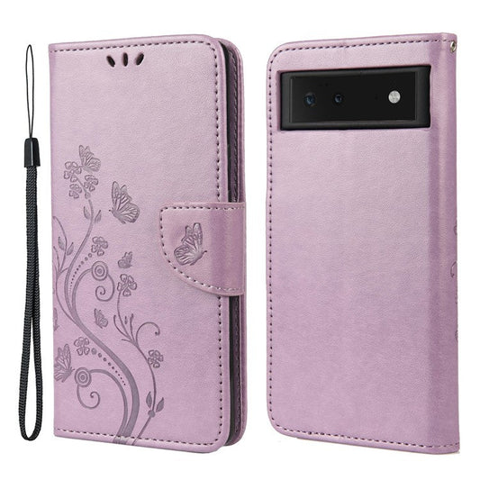 Full Protection Imprint Butterflies Flower Pattern Leather Phone Stand Wallet Case Cover for Google Pixel 6 - Light Purple