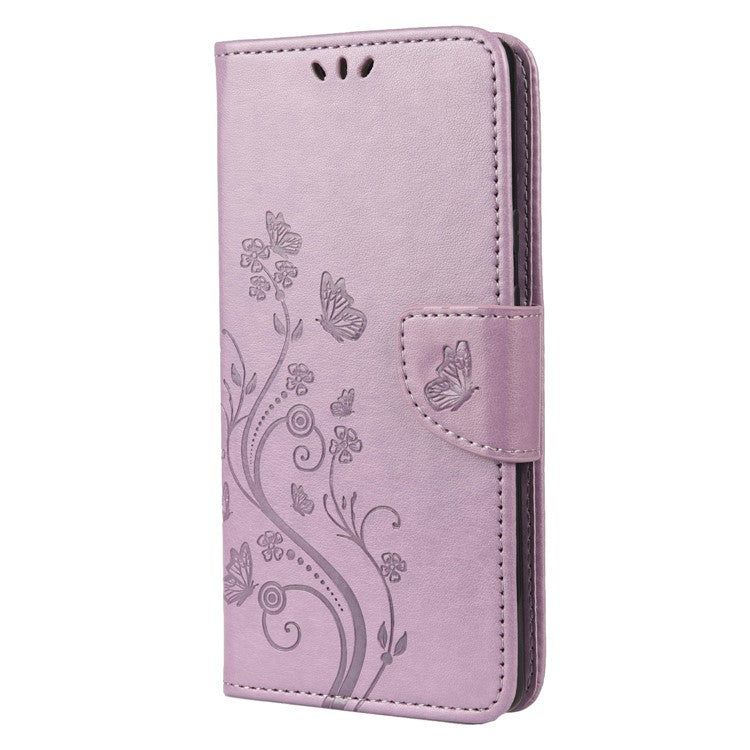 Full Protection Imprint Butterflies Flower Pattern Leather Phone Stand Wallet Case Cover for Google Pixel 6 - Light Purple
