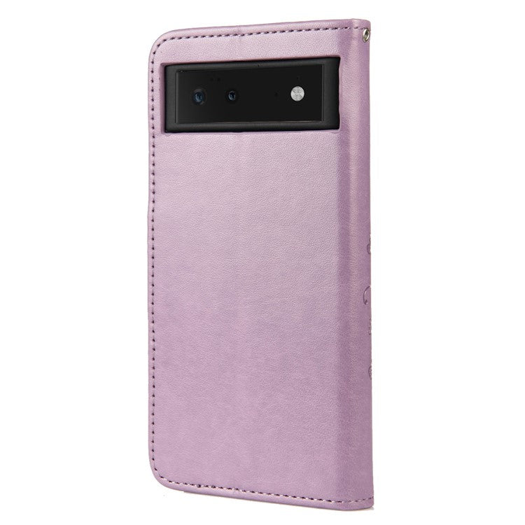 Full Protection Imprint Butterflies Flower Pattern Leather Phone Stand Wallet Case Cover for Google Pixel 6 - Light Purple