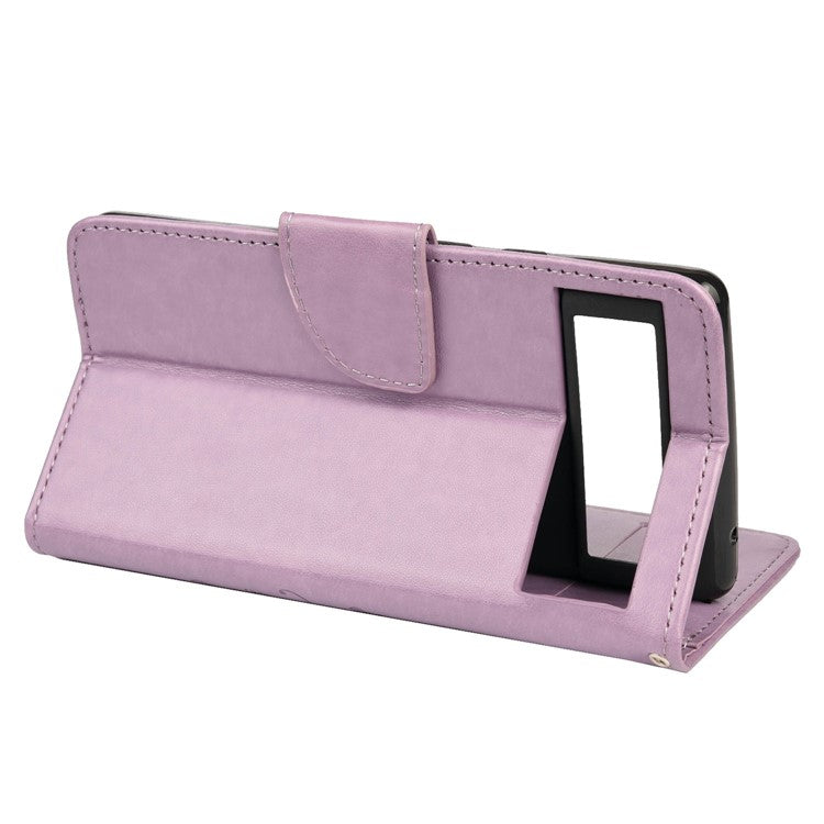 Full Protection Imprint Butterflies Flower Pattern Leather Phone Stand Wallet Case Cover for Google Pixel 6 - Light Purple