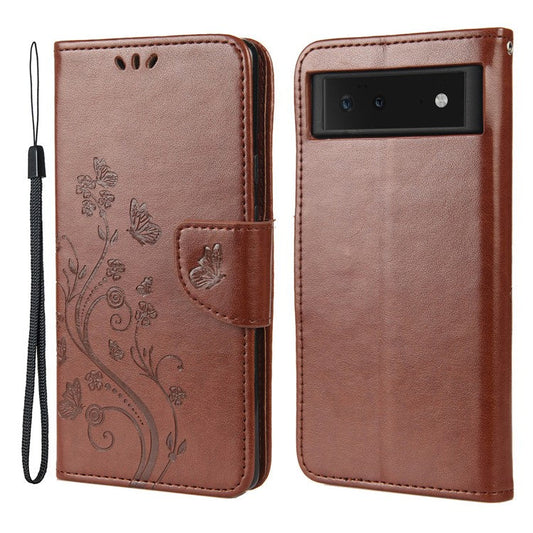 Full Protection Imprint Butterflies Flower Pattern Leather Phone Stand Wallet Case Cover for Google Pixel 6 - Brown