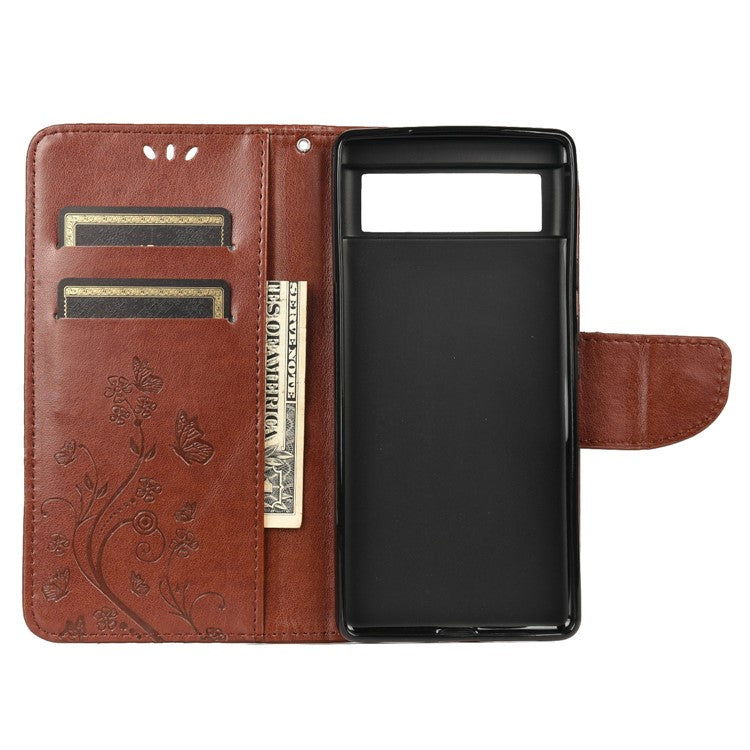 Full Protection Imprint Butterflies Flower Pattern Leather Phone Stand Wallet Case Cover for Google Pixel 6 - Brown