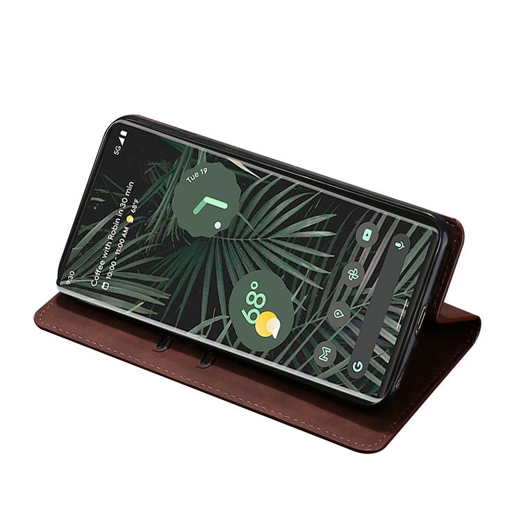 Card Slots Design Full Protection Magnetic Auto-absorbed Skin-touch Leather Stand Case for Google Pixel 6 Pro - Dark Brown