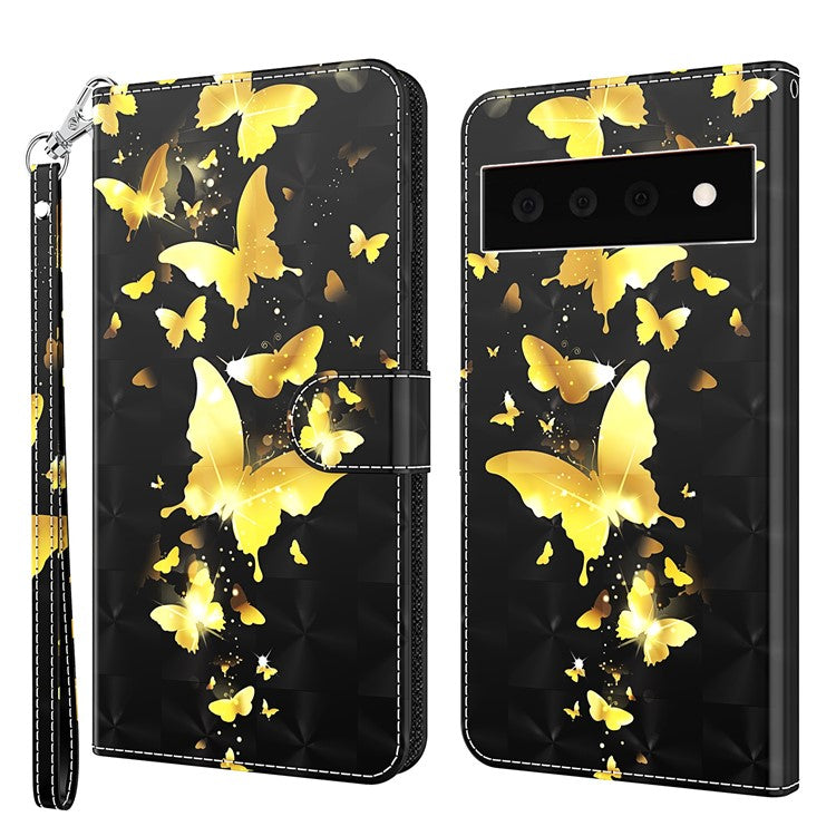3D Creative Pattern Design PU Leather Wallet Shockproof Stand Flip Magnetic Case with Strap for Google Pixel 6 Pro - Golden Butterflies