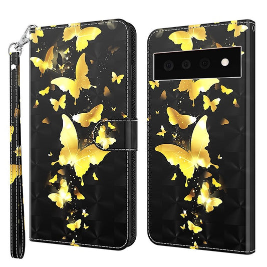3D Creative Pattern Design PU Leather Wallet Shockproof Stand Flip Magnetic Case with Strap for Google Pixel 6 Pro - Golden Butterflies