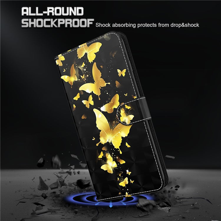 3D Creative Pattern Design PU Leather Wallet Shockproof Stand Flip Magnetic Case with Strap for Google Pixel 6 Pro - Golden Butterflies
