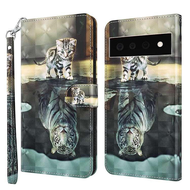 3D Creative Pattern Design PU Leather Wallet Shockproof Stand Flip Magnetic Case with Strap for Google Pixel 6 Pro - Cat and Tiger