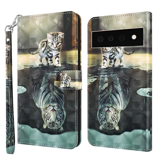 3D Creative Pattern Design PU Leather Wallet Shockproof Stand Flip Magnetic Case with Strap for Google Pixel 6 Pro - Cat and Tiger