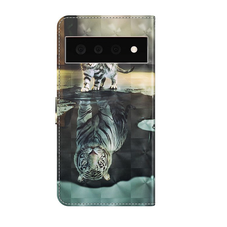 3D Creative Pattern Design PU Leather Wallet Shockproof Stand Flip Magnetic Case with Strap for Google Pixel 6 Pro - Cat and Tiger
