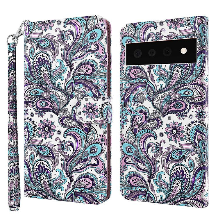 3D Creative Pattern Design PU Leather Wallet Shockproof Stand Flip Magnetic Case with Strap for Google Pixel 6 Pro - Purple Impatiens