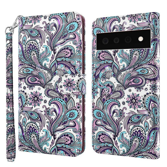 3D Creative Pattern Design PU Leather Wallet Shockproof Stand Flip Magnetic Case with Strap for Google Pixel 6 Pro - Purple Impatiens