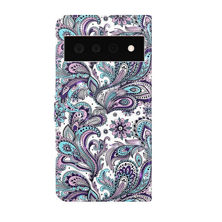 3D Creative Pattern Design PU Leather Wallet Shockproof Stand Flip Magnetic Case with Strap for Google Pixel 6 Pro - Purple Impatiens